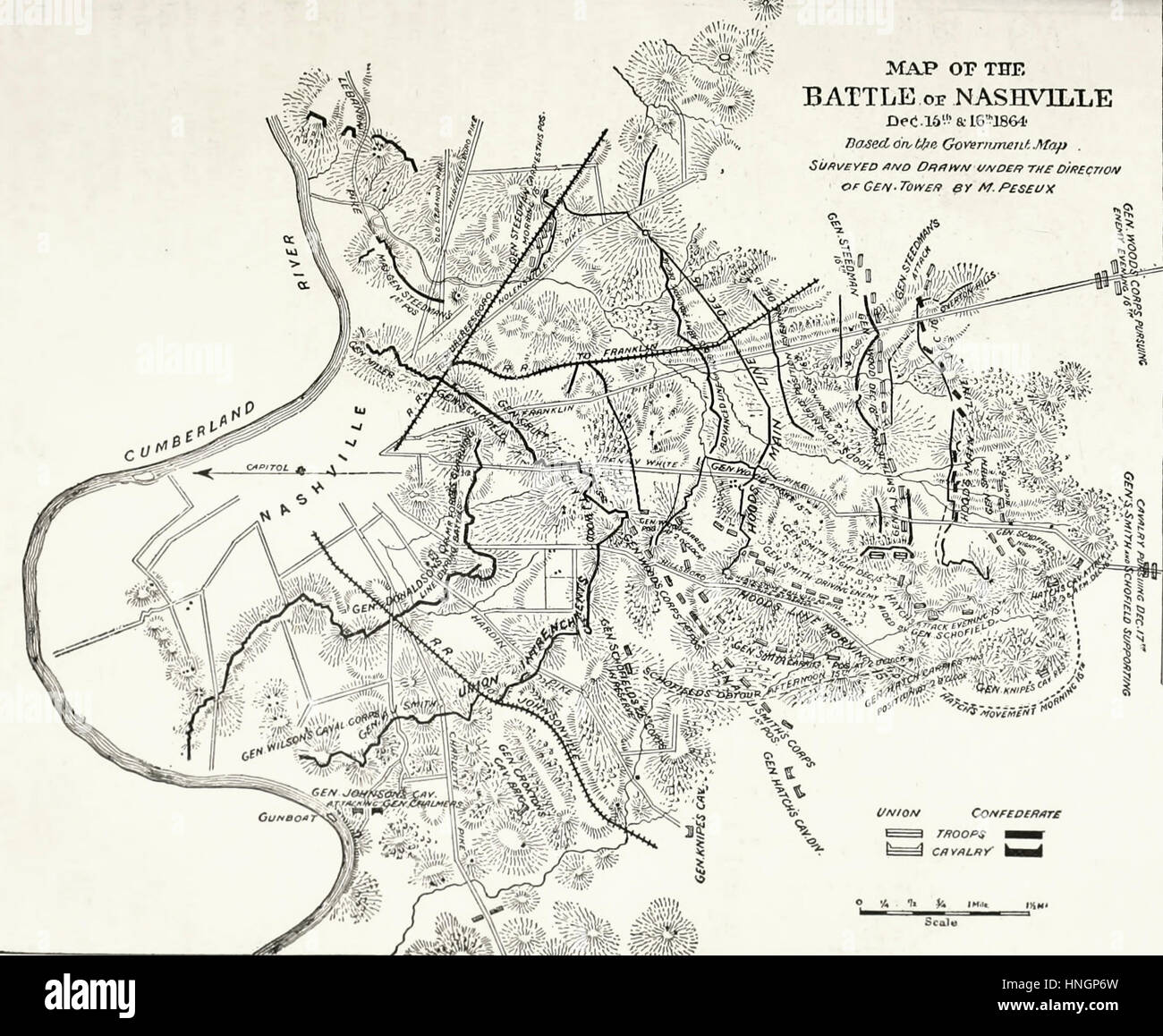 Map of the Battle of Nashville, December 15 and 16, 1864. USA Civil War Stock Photo