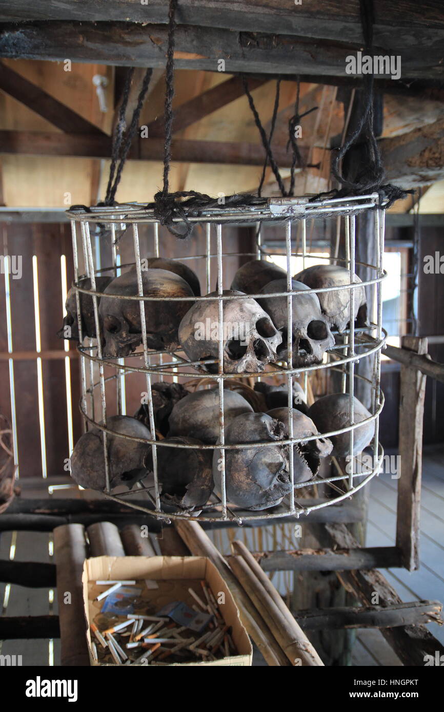 Human skulls collection in Longhouse at Sarawak, Malaysia. The Ibans used to regard human skulls obtained during headhunting raids as their most prize Stock Photo