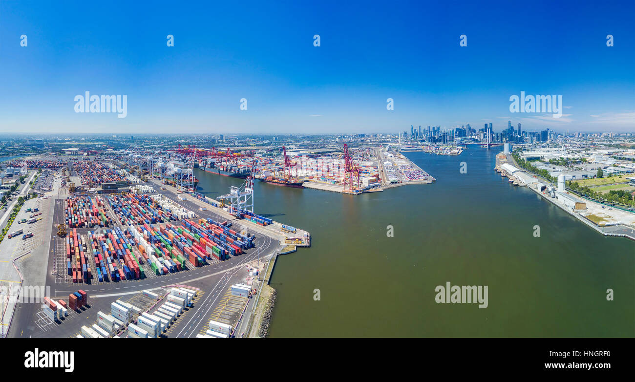 Melbourne, Australia - Feb 10, 2017: Aerial photo of the Port of Melbourne container terminal. It is Australia's busiest cargo port Stock Photo