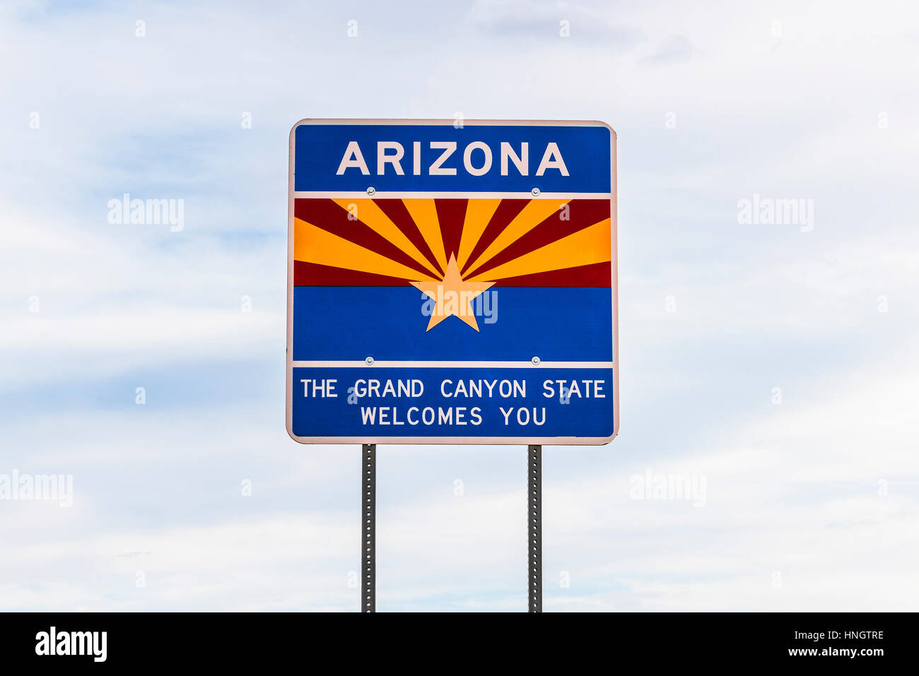 Arizona sign near by the road in entrance state area,Arizona,usa. Stock Photo