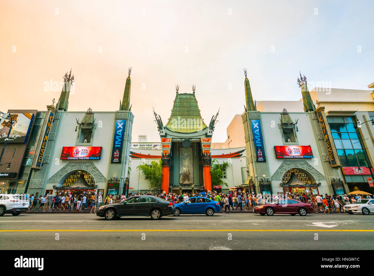 Los Angeles,California,usa. 2016/07/23. :Chinese theatre at sunset,Hollywood boulevard,blvd, road at sunset,Los Angeles,California,usa. Stock Photo