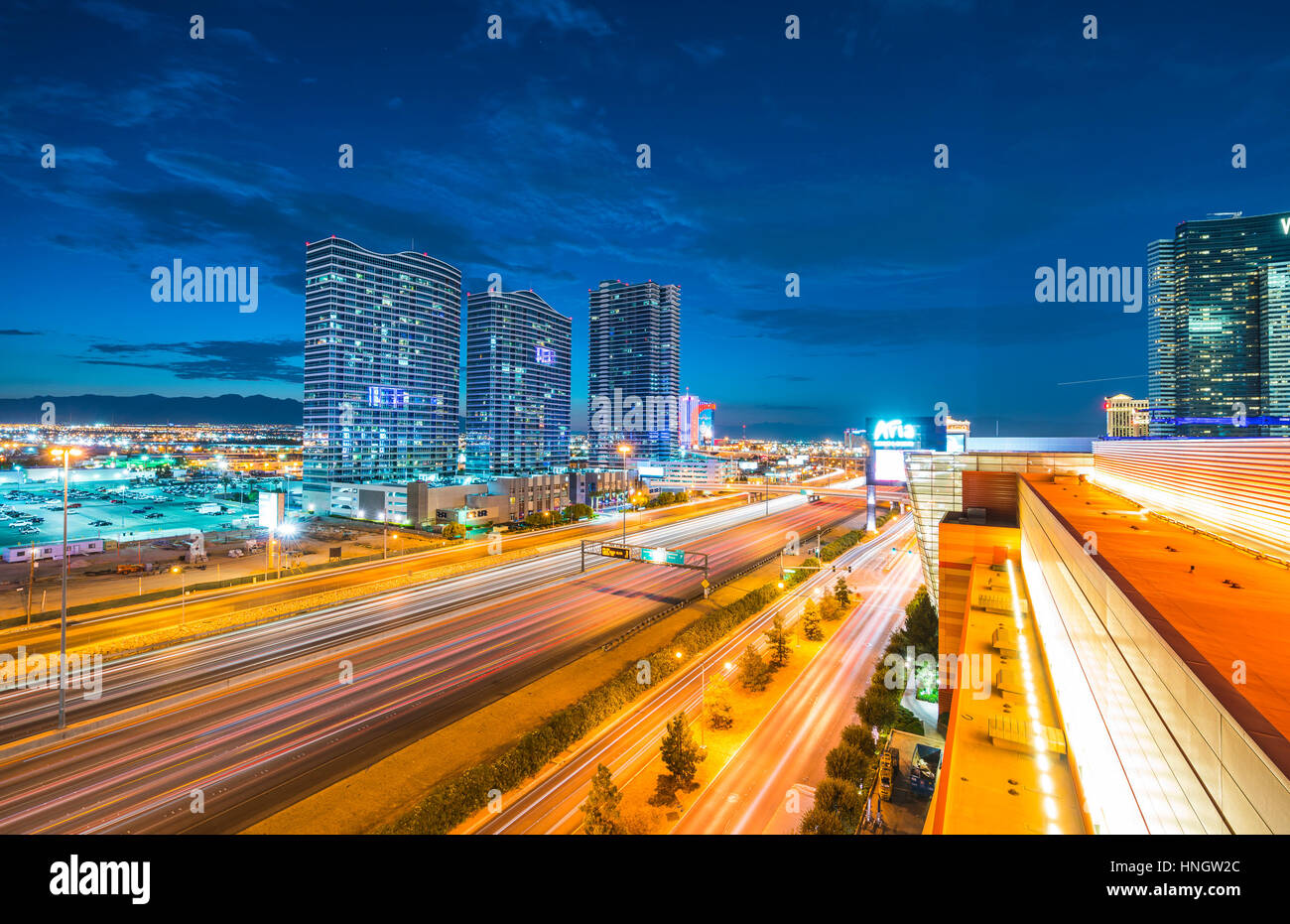 Las Vegas,Nevada,usa.07/28/16 : scenic view of Las Vegas cityscape at night with traffic lighting,las vegas,Nevada,usa. Stock Photo