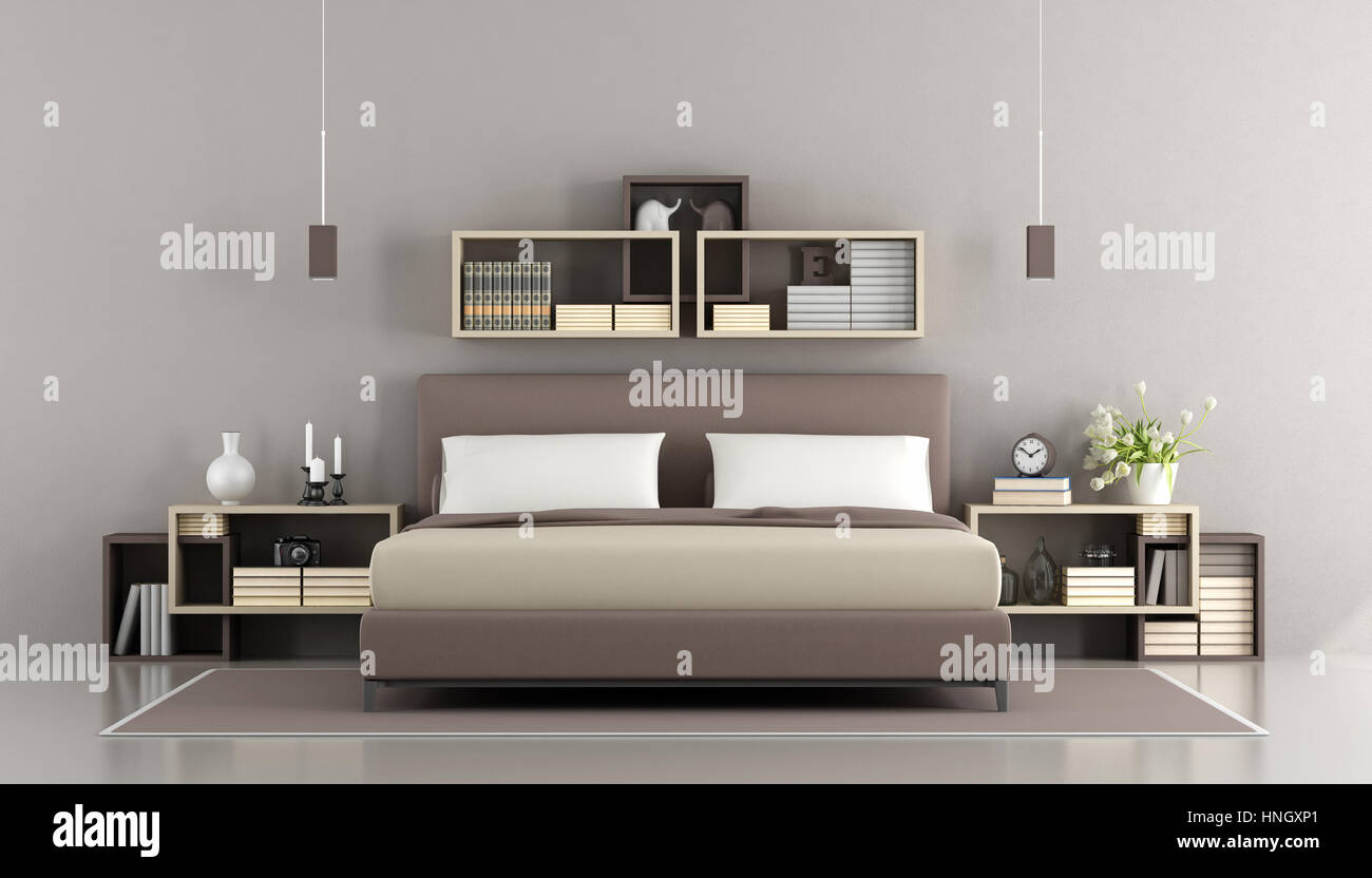 Contemporary bedroom with double bed,nightstand and bookcase on wall - 3d rendering Stock Photo