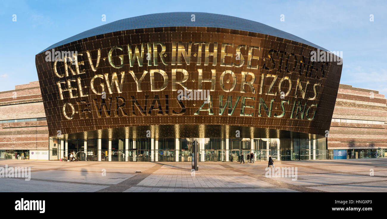 CARDIFF, UK - MARCH 1, 2010 : Exterior view of the Welsh Millennium Centre, an arts centre in the Cardiff bay area. The centre houses eight arts organ Stock Photo