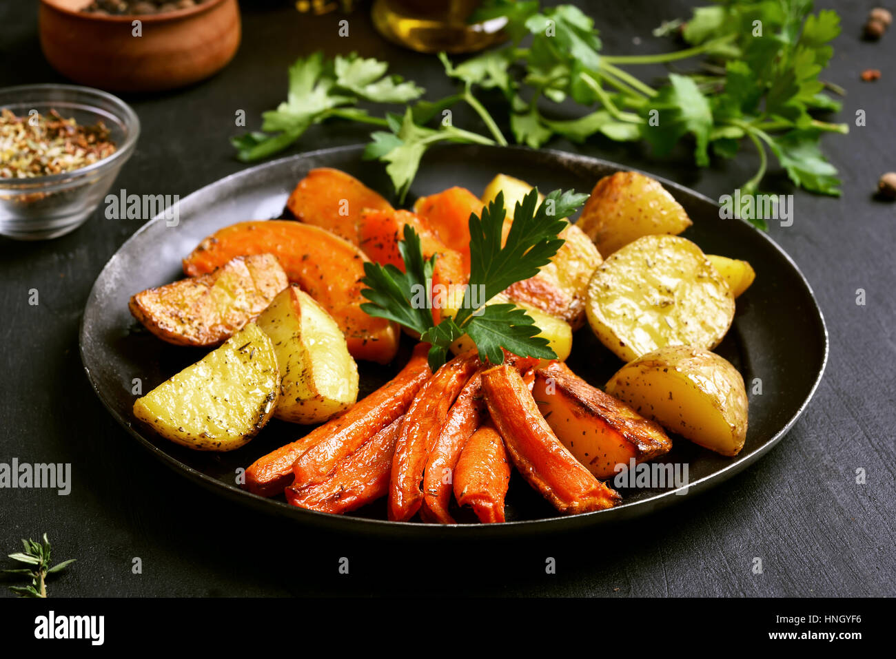 Roasted vegetables in frying pan, close up view Stock Photo