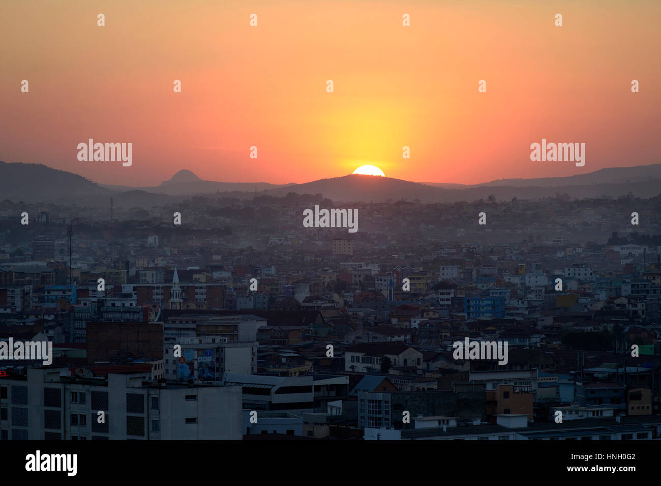 Sunset over capital city Antananarivo, Madagascar Stock Photo