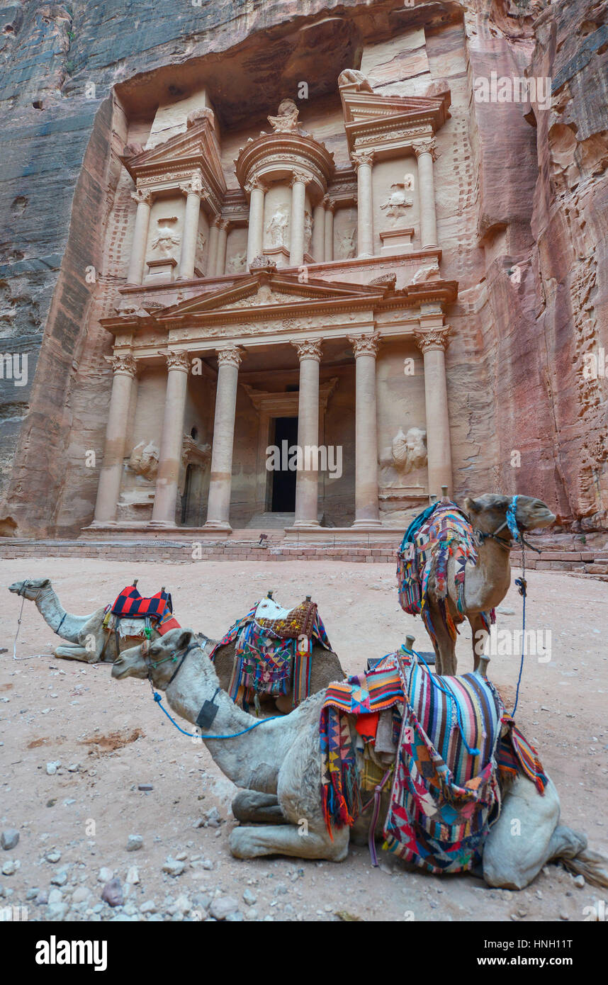 Al Khazneh in the ancient city of Petra, Jordan. The Treasury. Petra has led to its designation as a UNESCO World Heritage Site. Stock Photo