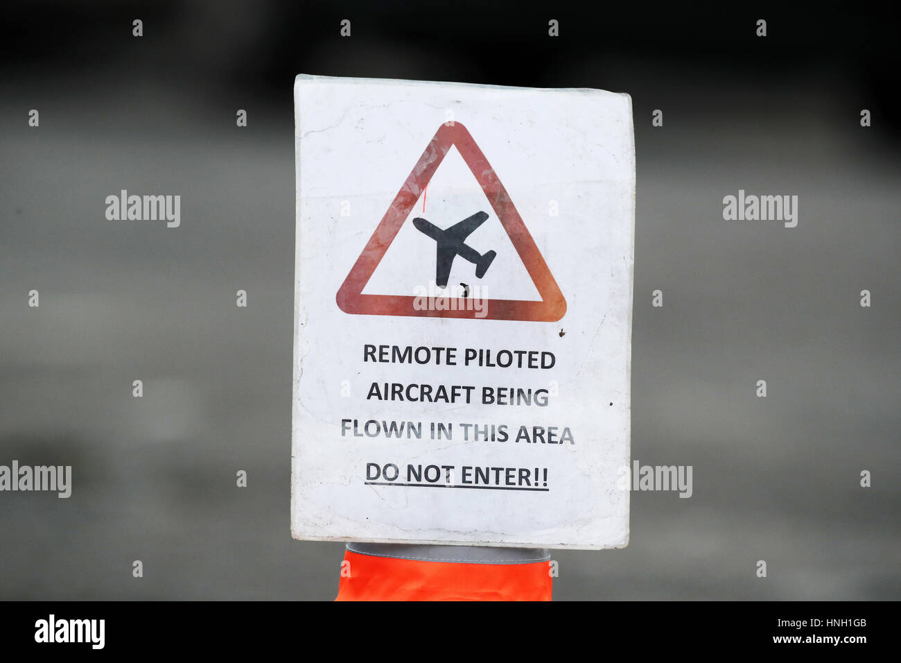 A sign indicating a drone is flying in the area at Withington, Manchester. Stock Photo