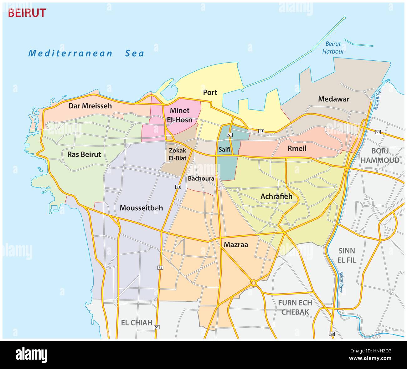 Roads Administrative And Political Map Of The Lebanese Capital Beirut HNH2CG 