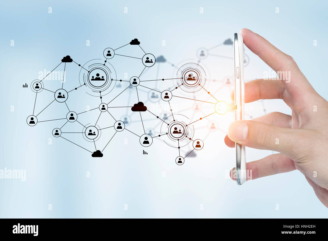 Smartphone device in hand and computing connection media concept Stock ...