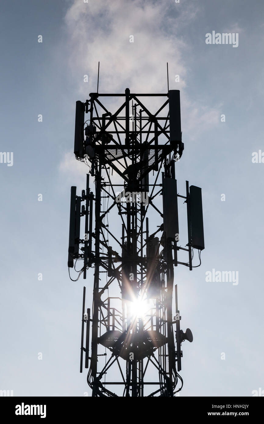 Telecommunication  phone mast with Aerial and antennas communication, mast, mobile,, one, phone, portrait, radio, receive, receiver, signals, Stock Photo