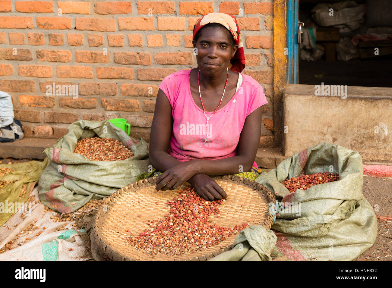Woman sorting peanuts at the market, Musanze, Rwanda Stock Photo