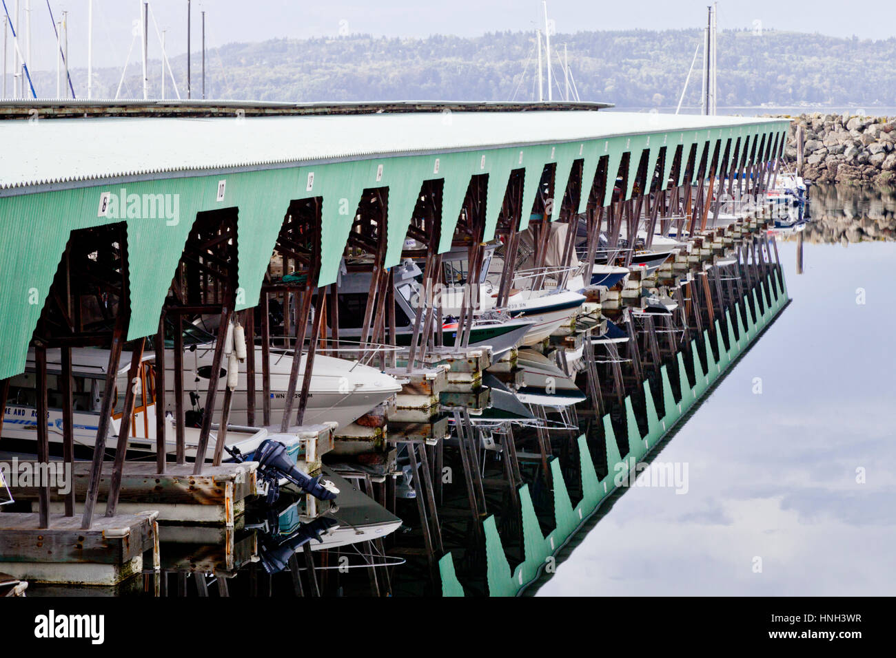 Boats moored in Des Moines Marina, Washington, USA Stock Photo