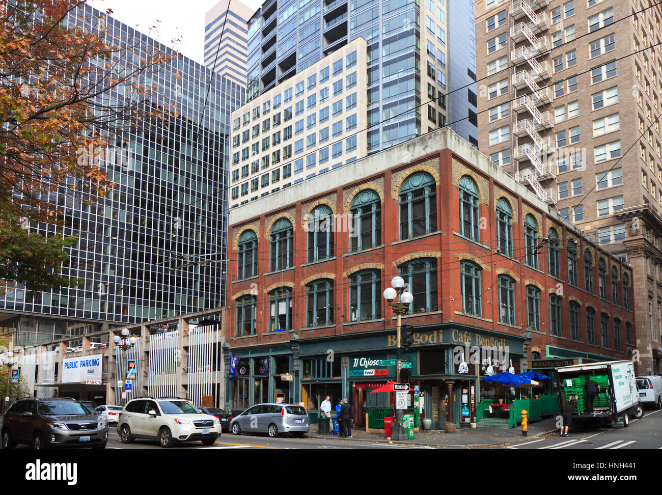 Corner of 1st Ave and Cherry St, Seattle, Washington USA Stock Photo