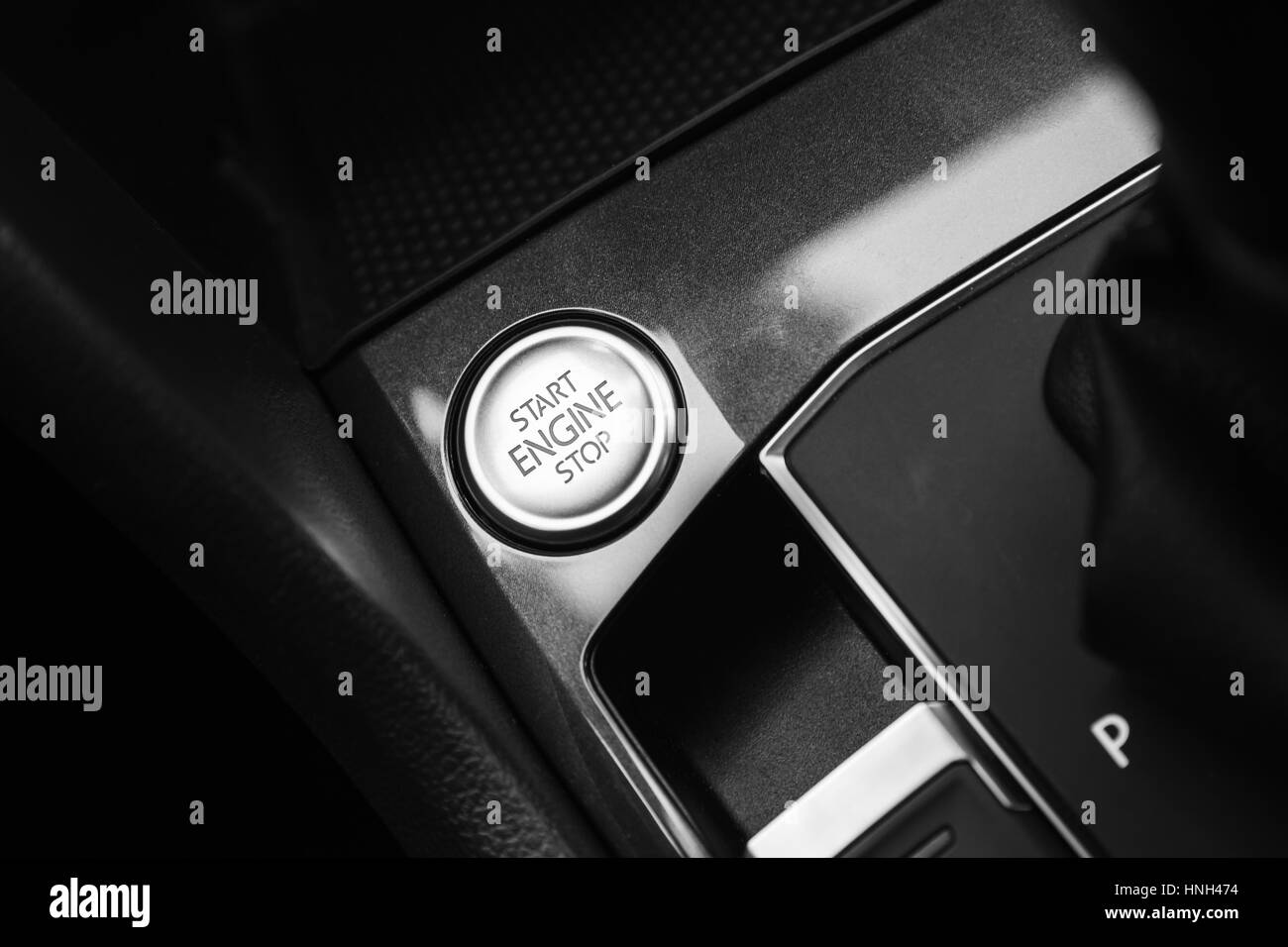 Modern luxury car interior detail, engine start stop button Stock Photo
