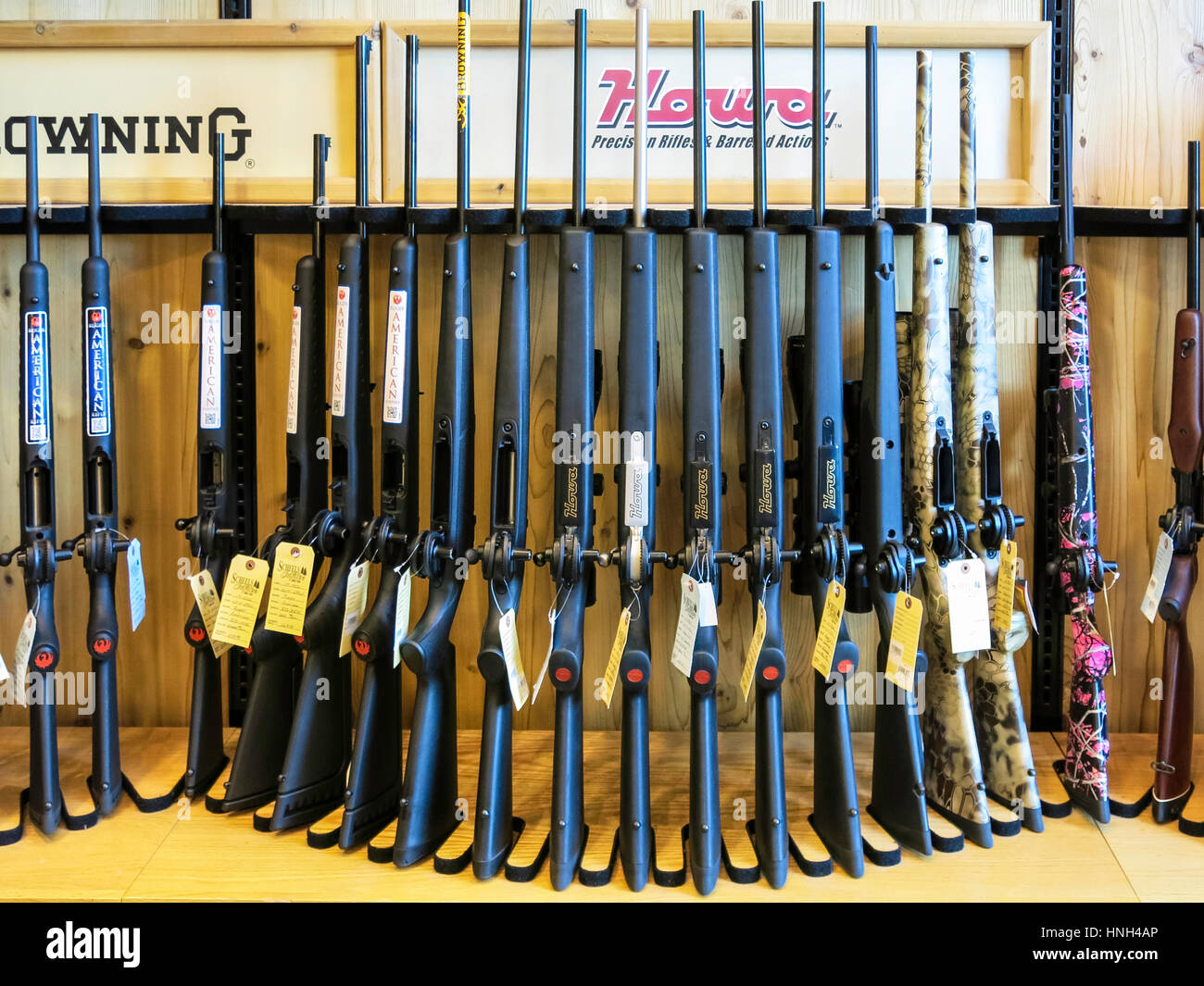 Hunting Rifles Section, Rifle Aisle, Scheels Sporting Goods Store, Great Falls, Montana, USA Stock Photo