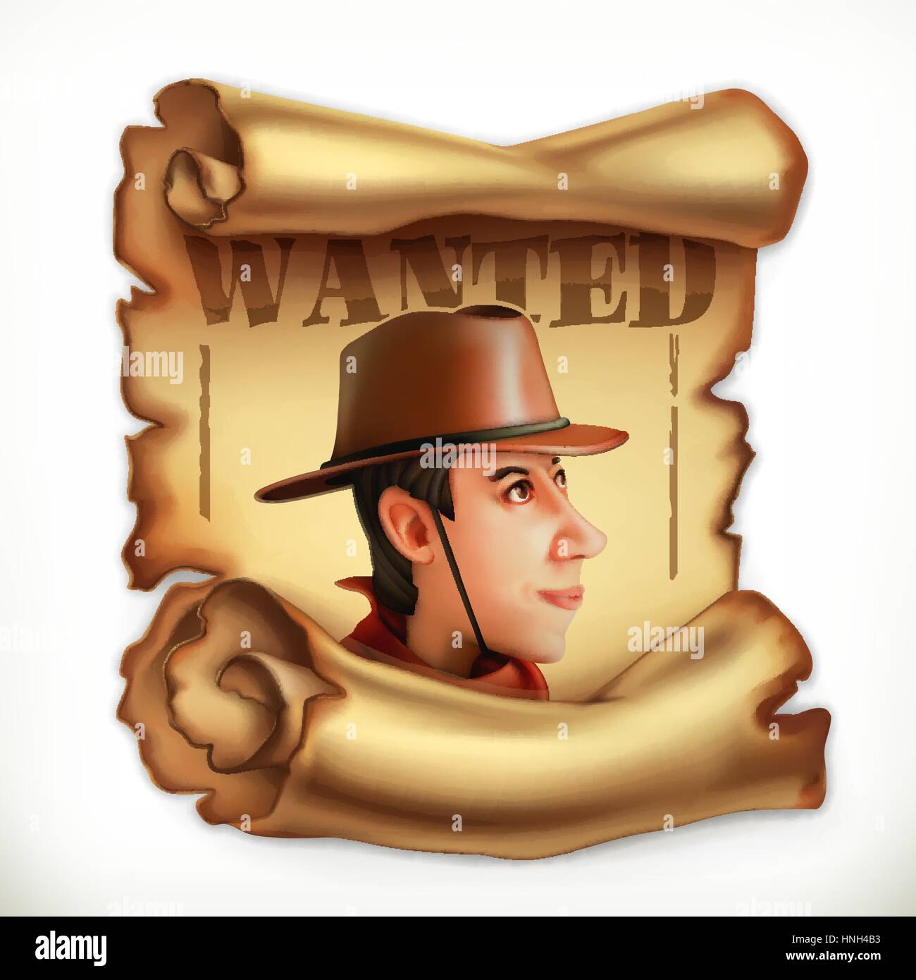 Wanted cowboy. Old paper scroll. 3d vector icon Stock Vector