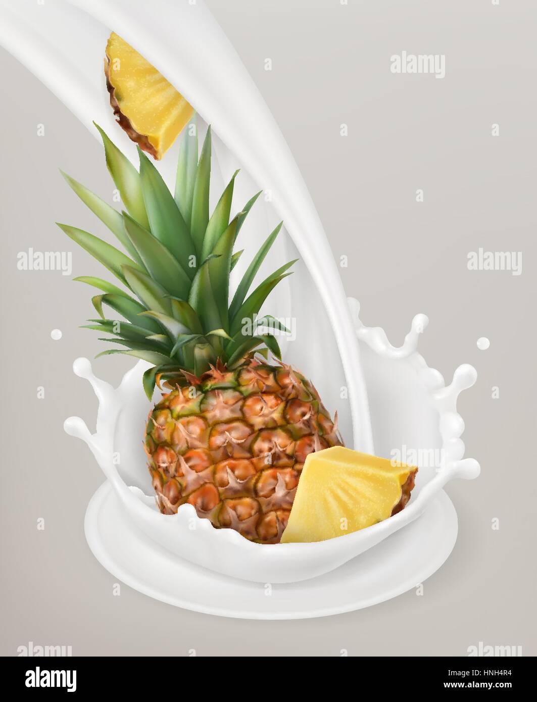 Milk splash and pineapple. 3d vector object. Natural dairy products