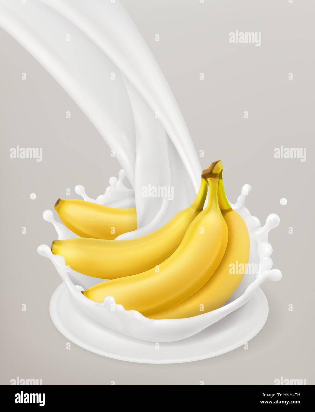 Milk splash and banana. 3d vector object. Natural dairy products Stock ...