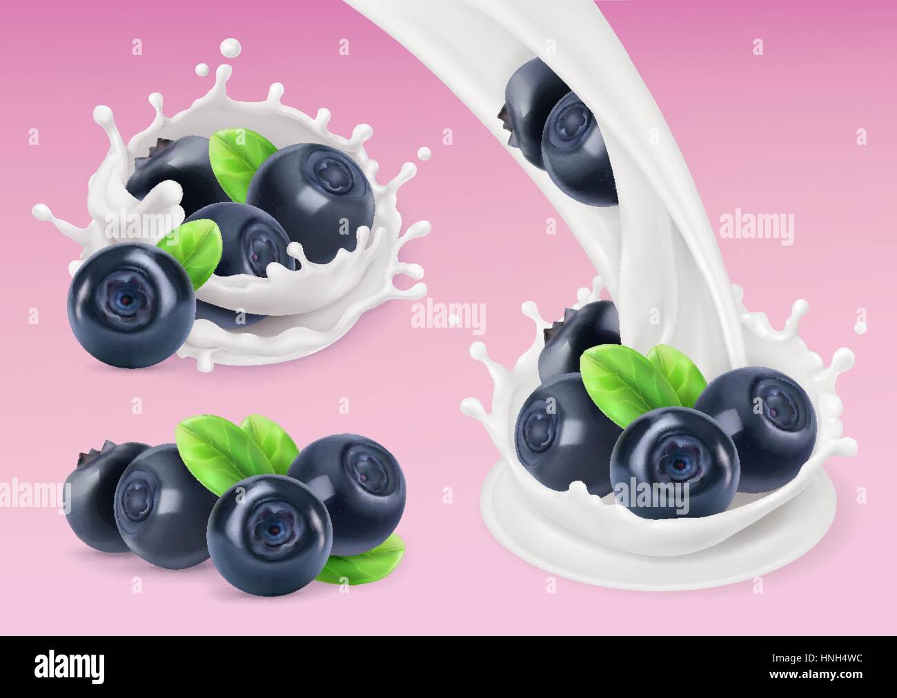 Milk splash and Blueberry. 3d vector object. Natural dairy products ...