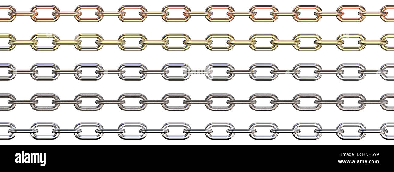 Set of 5 Metal Chains. Copper, Gold, Steel, Rough Worn Steel and Chrome ...