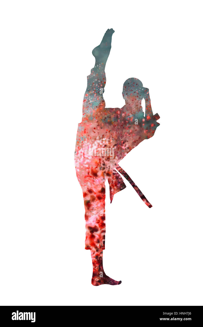 Warrior, fighter standing on white background, Double Exposure Stock Photo