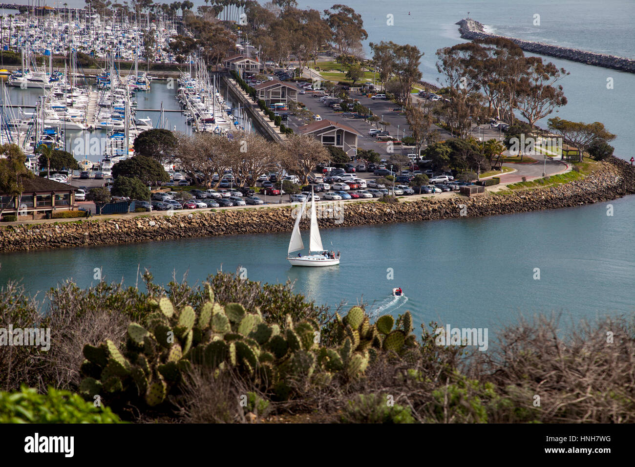 View of a Sailboat sailing through Dana Point Harbor from the hiking