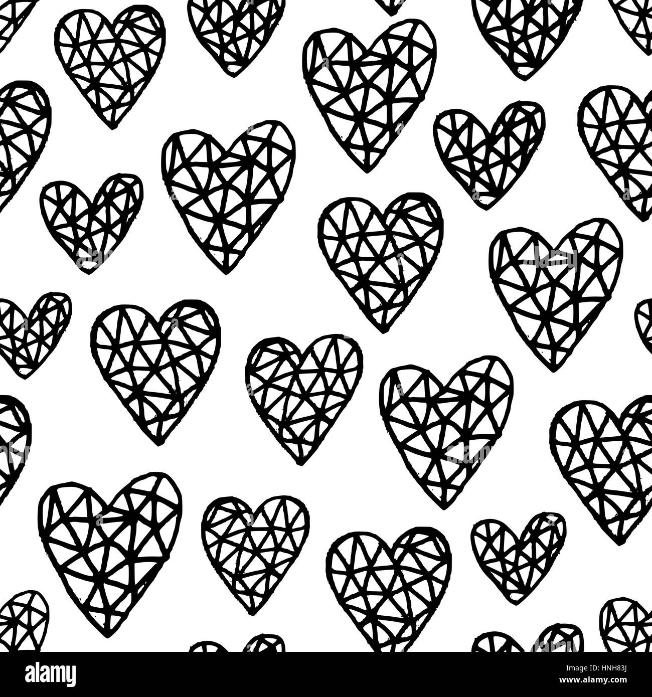 Hand drawn seamless repeating pattern with hearts in black and white ...