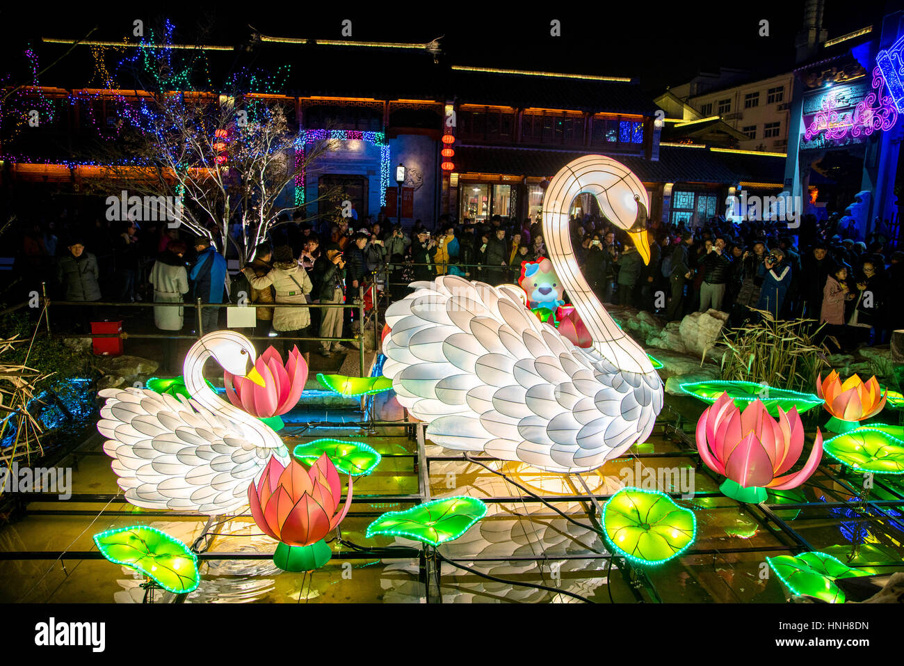 People enjoying the colorful lanterns on Nanjing Qinhuai Lantern Festival Stock Photo