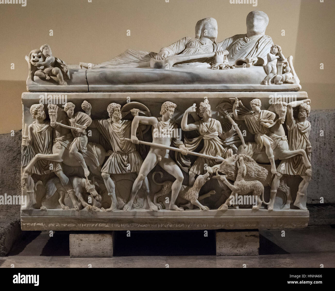Rome. Italy. Roman sarcophagus depicting the myth of Meleager and the hunt for the Calydonian boar, 3rd century AD. Capitoline Museum. Musei Capitolin Stock Photo