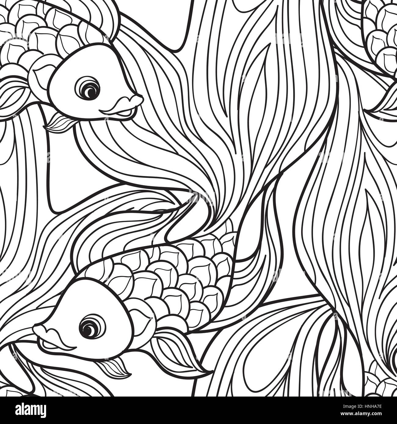 Fish isolated on white background. Doodle Line Art Seamless pattern of  underwater marine life in retro chinese style Stock Vector Image & Art -  Alamy