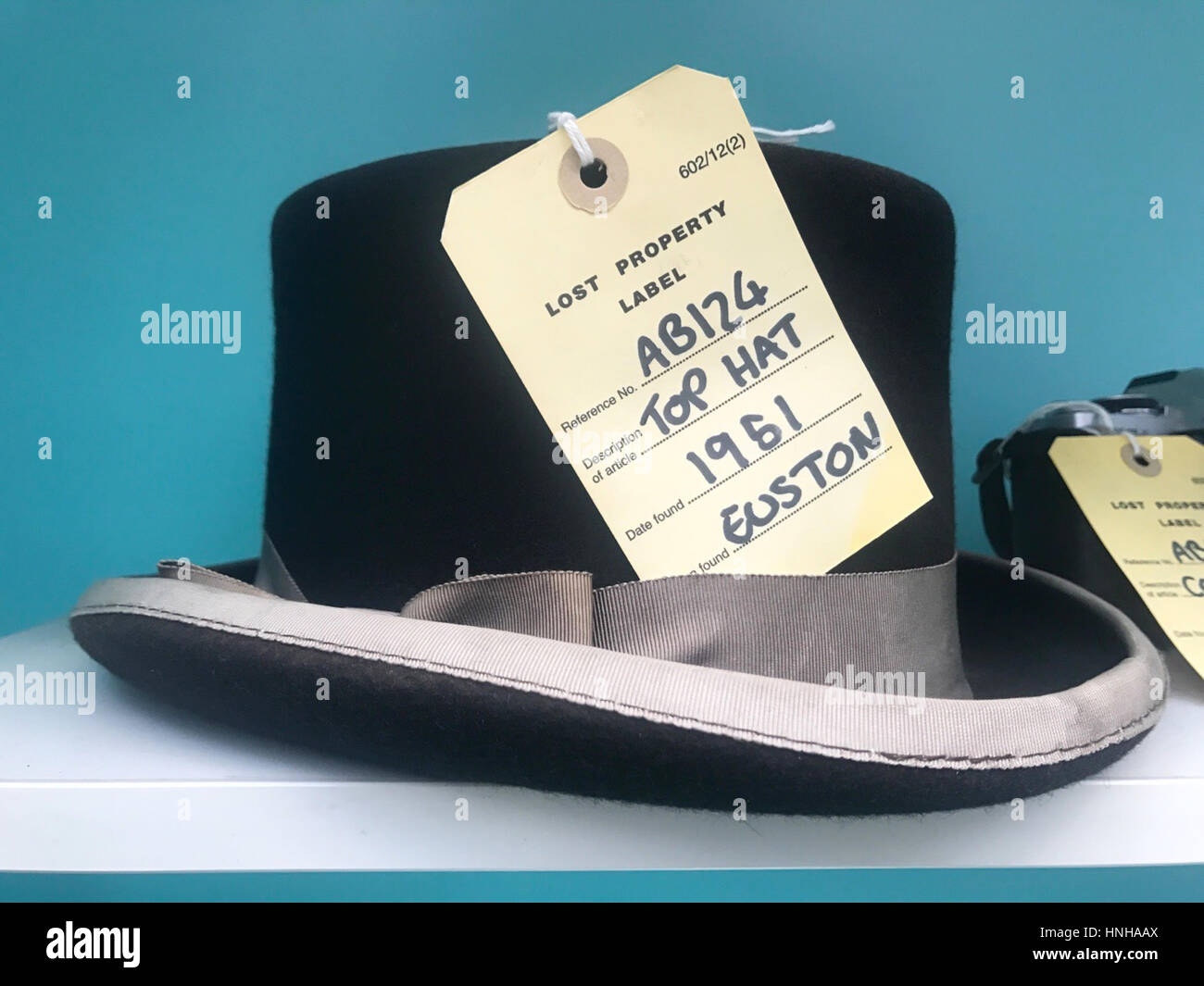 A lost bowler hat on display at the lost property office in Marylebone, London. Stock Photo