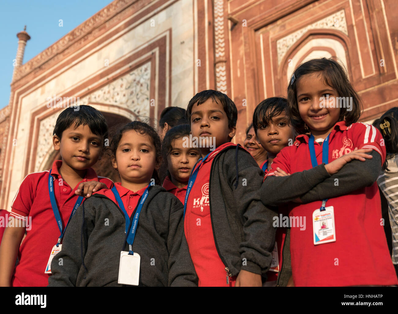School children in front of Jawab Building, Taj Mahal, Agra, India Stock Photo