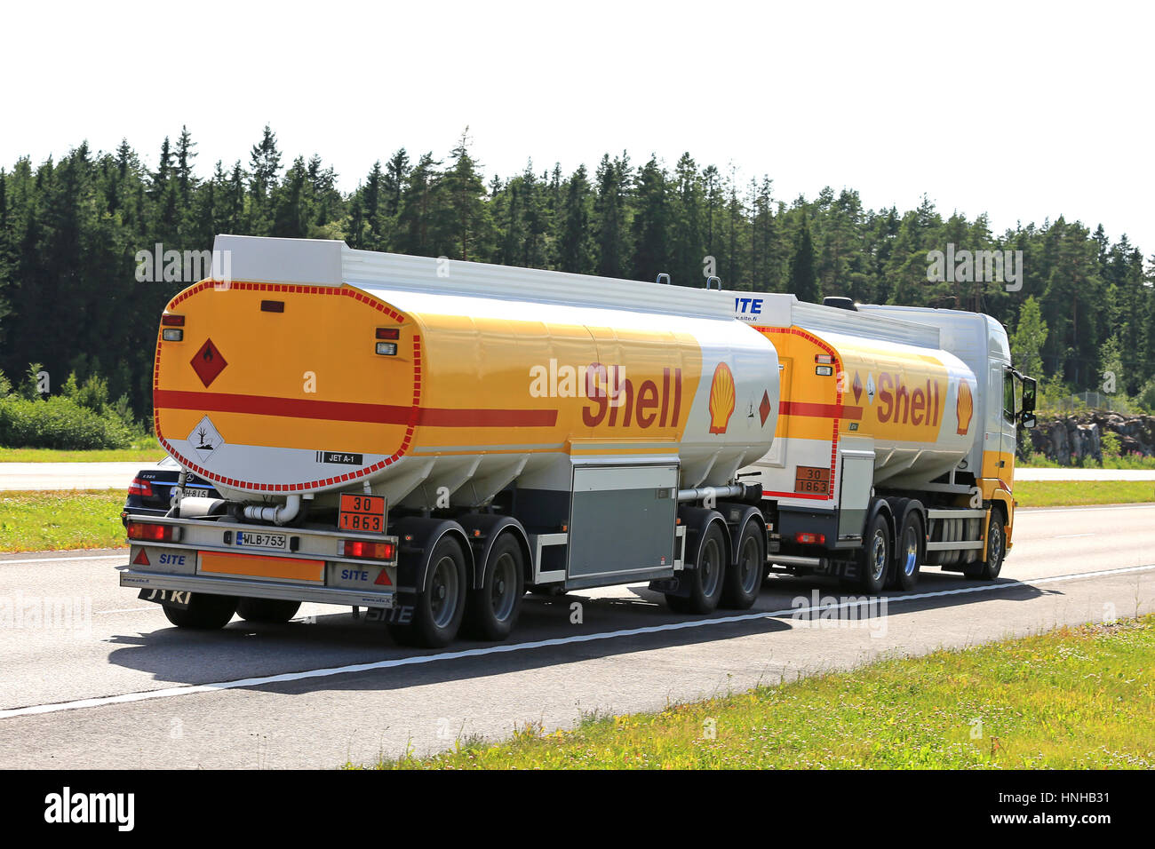 PAIMIO, FINLAND - JULY 1, 2016: Royal Dutch Shell plc, commonly known as Shell, fuel truck hauls jet fuel along freeway on a sunny day if summer. The  Stock Photo