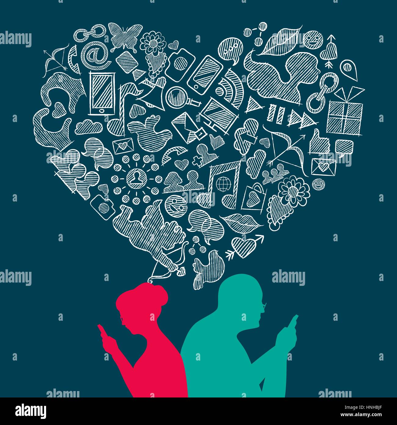 Elder internet social media love concept illustration. Senior couple on phone with hand drawn icons in heart shape. EPS10 vector. Stock Vector