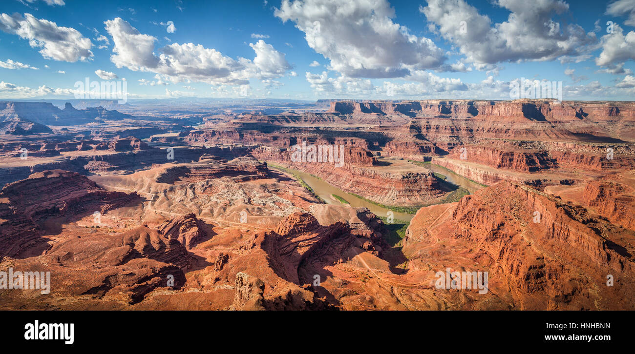 Aerial panoramic view of scenic Dead Horse Point State Park with famous Colorado river flowing on a beautiful sunny day in summer, Utah, USA Stock Photo