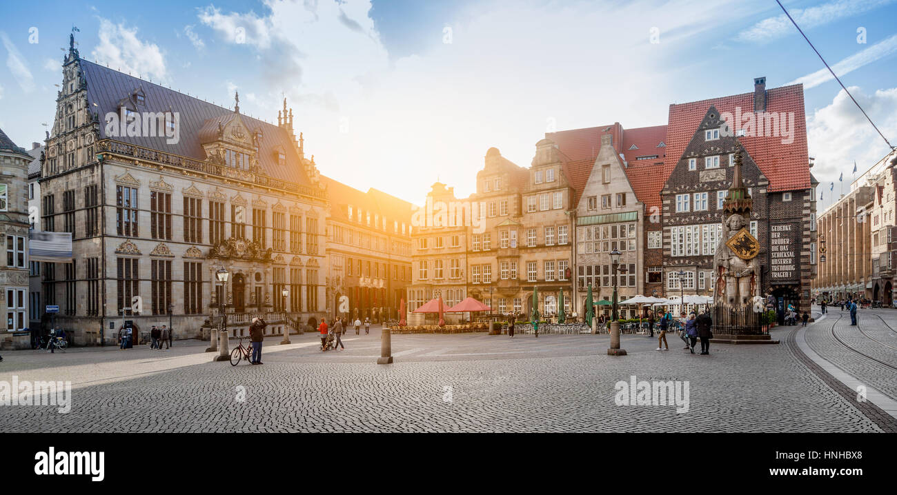 Panoramic view of historical Bremen market square (Bremer Marktplatz) in beautiful golden evening light at sunset, hanseatic city of Bremen, Germany Stock Photo