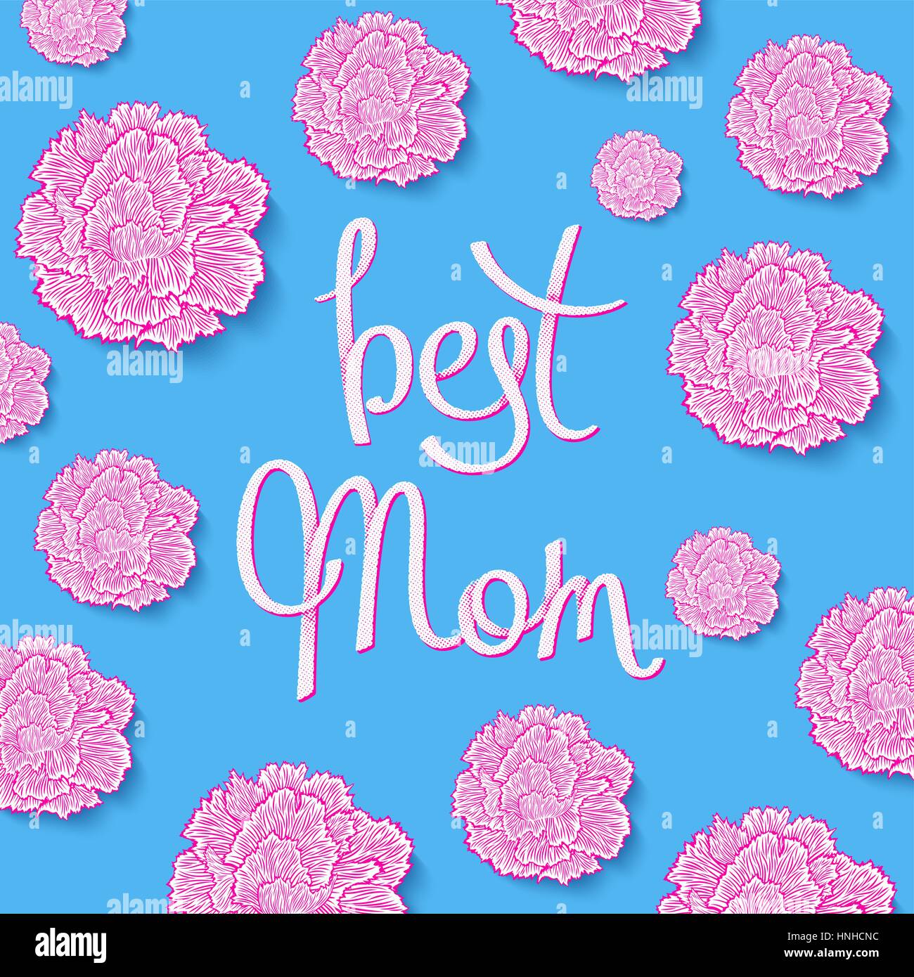 Best Mom. Floral greeting cards with carnations in 80-90s style.  Decorative halftone lettering. Vector illustration Stock Vector