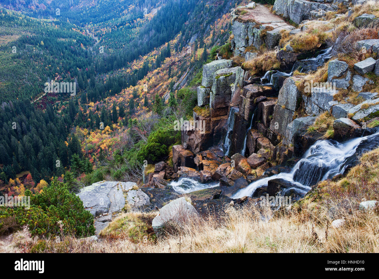 Pancava Waterfall in autumn landscape of Krkonose - Karkonosze Mountains, Sudetes, Czech Republic, Europe Stock Photo
