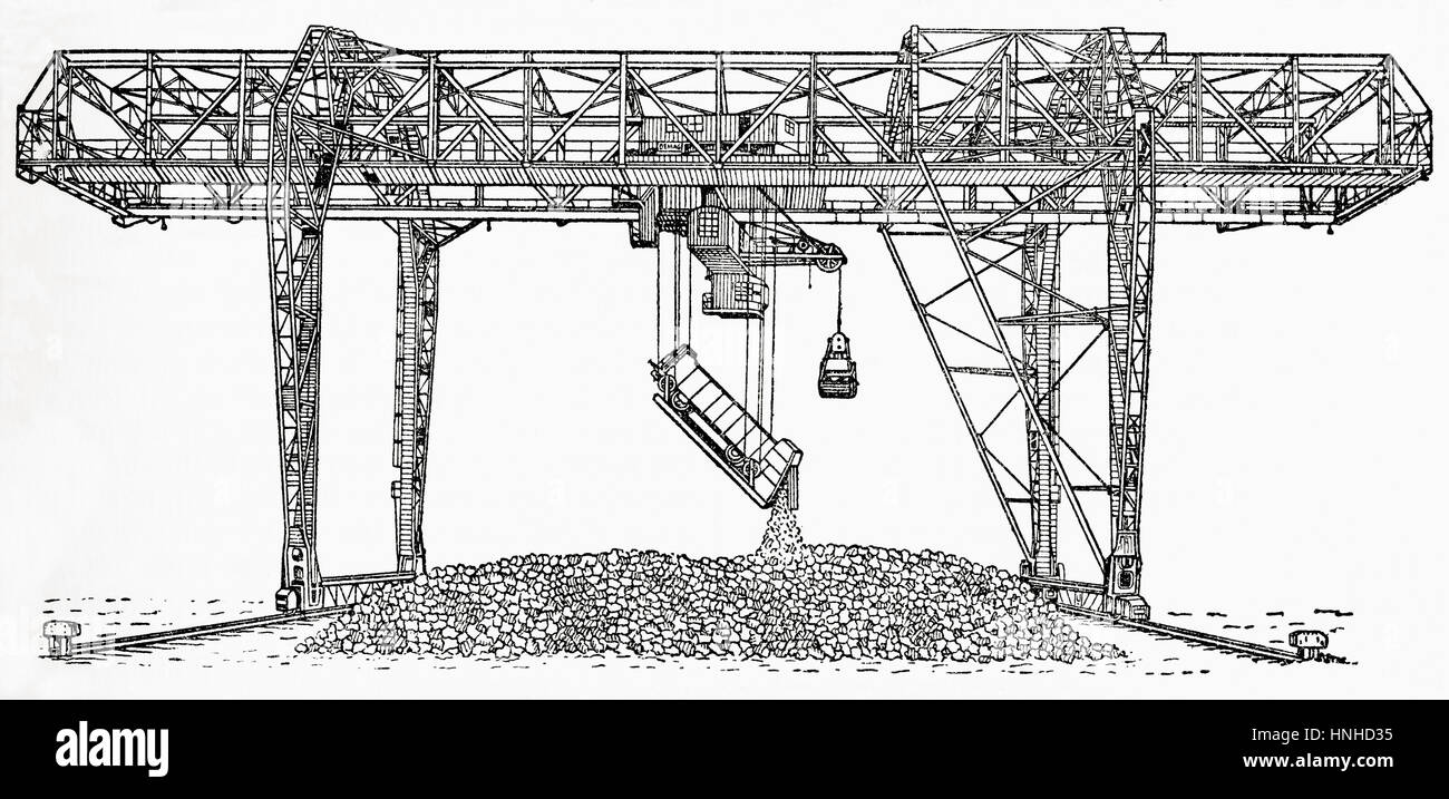 A type of transporter bridge with a suspended gondola used for transporting coal or other materials.  From Meyers Lexicon, published 1927. Stock Photo