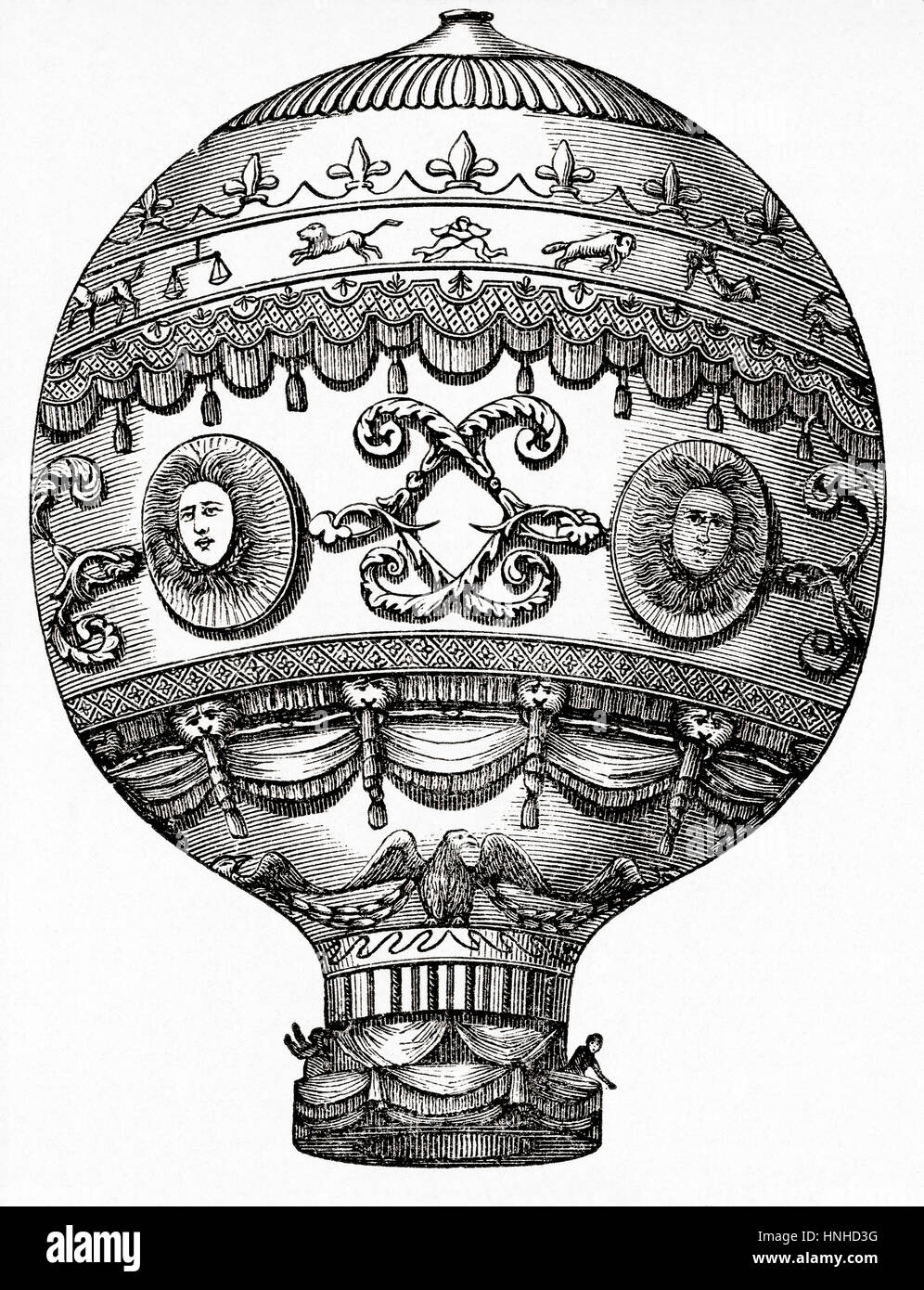 The Montgolfier brother's hot air balloon, Aérostat Réveillon, launched in the first piloted ascent at Versailles, France in 1783.   From Meyers Lexicon, published 1927. Stock Photo
