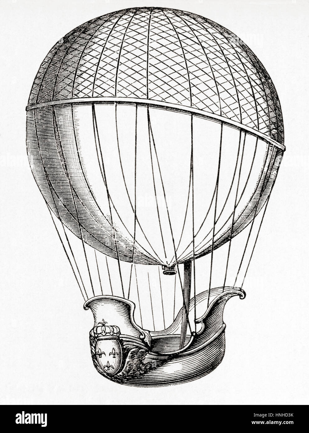 The first manned hydrogen balloon flown by Professor Jacques Charles and Nicolas-Louis Robert at the Jardin des Tuileries, Paris, France in 1783.    From Meyers Lexicon, published 1927. Stock Photo