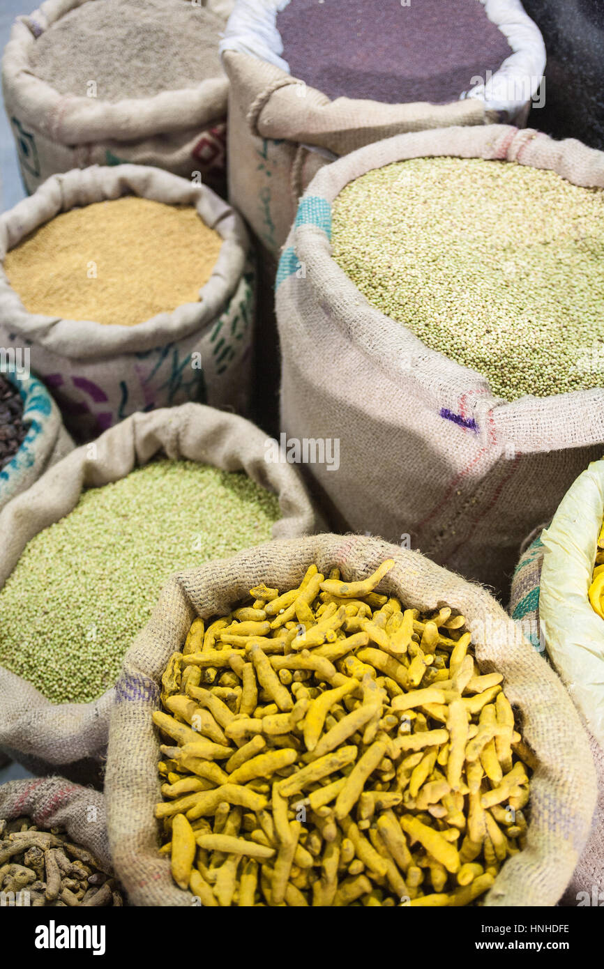 Pulses,spices,vegetables,grains,for sale,at food,market,in,centre,of Ahmedabad,Gujurat,India,Asia,Asian,food,pattern,shape, Stock Photo