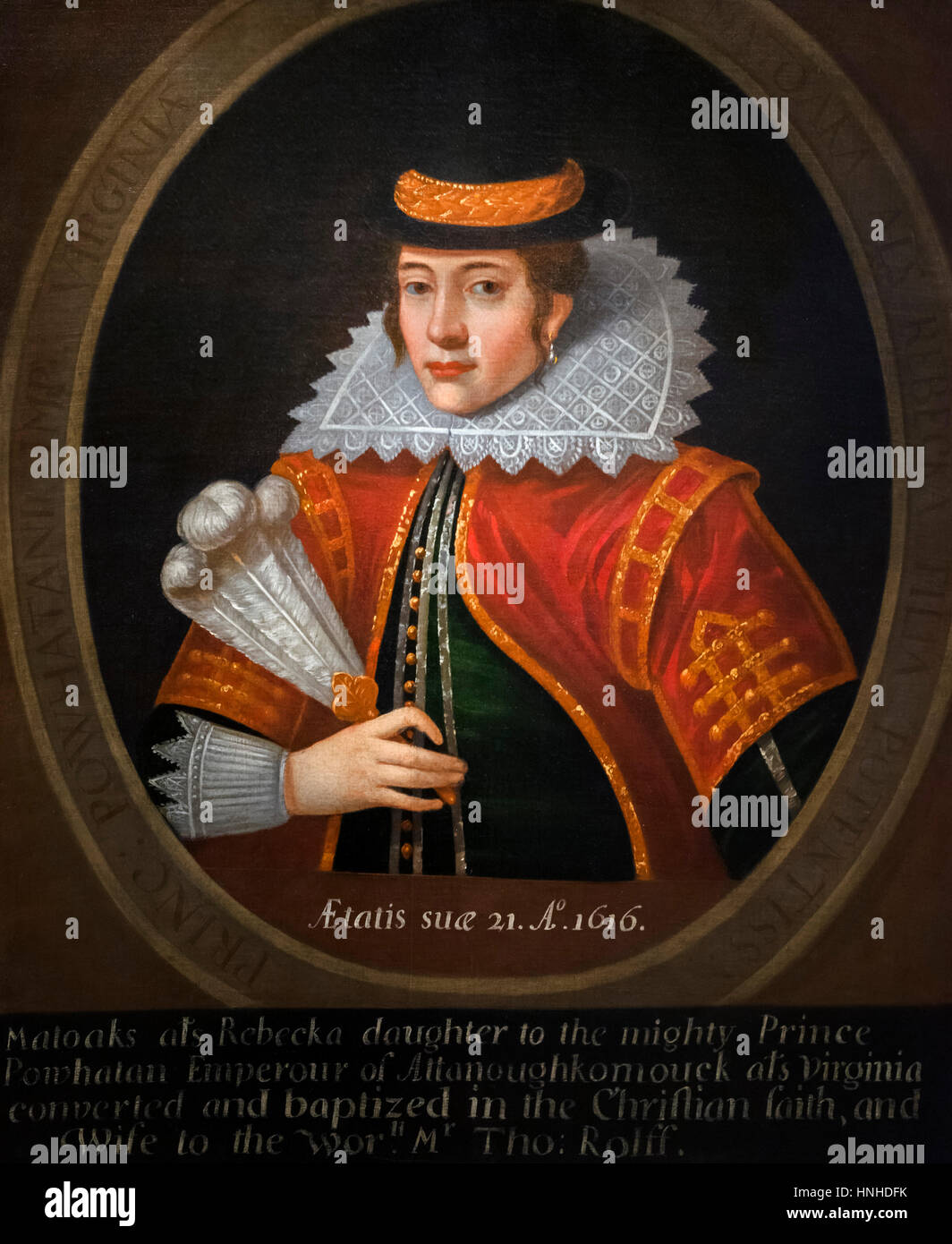 Pocahontas. Portrait of the Indian princess Pocahontas (1595-1617), by unknown artist, oil on canvas, after 1616 Stock Photo