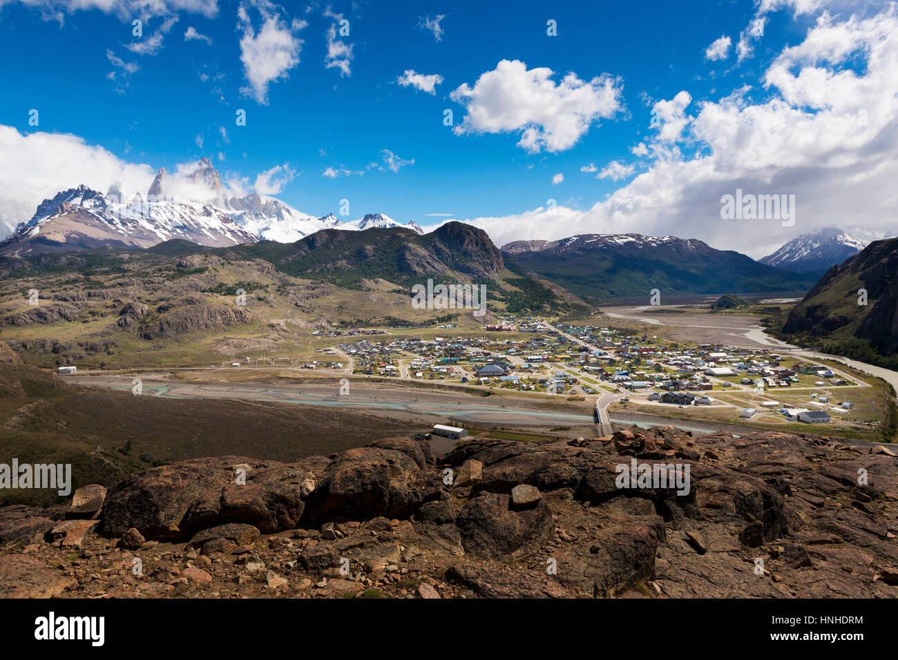 View of the village of El Chaltén and the surrounding mountains in Argentina, South America Stock Photo