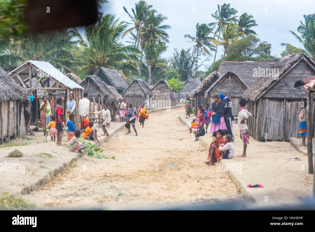 Fisherman's community along the coast in Fort-Dauphin area. People live here in small wooden shacks in extreme poverty with no electricity. Stock Photo