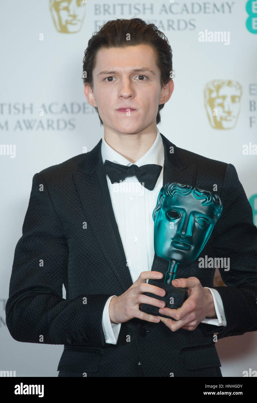 London, UK. 12th Feb, 2017. Actor Tom Holland poses in the winner's ...