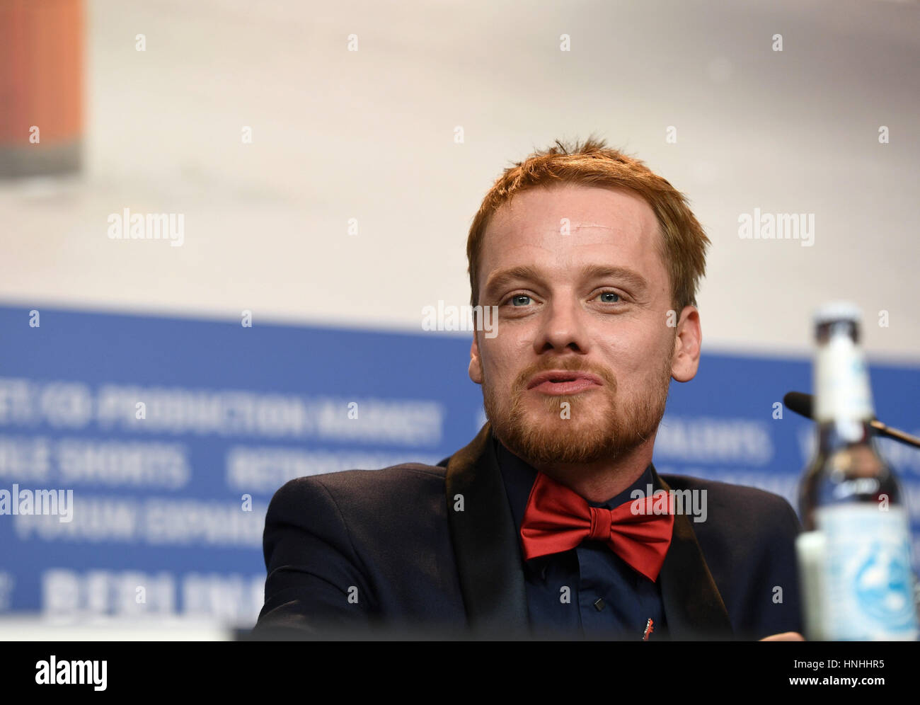 Berlin, Germany. 12th Feb, 2017. The actor Stefan Konarske speaks during the photo call of the film 'The Young Karl Marx' at the 67th International film festival in Berlin, Germany, 12 February 2017. The film will be aired in the section 'Berlinale Special'. Photo: Monika Skolimowska/dpa/Alamy Live News Stock Photo