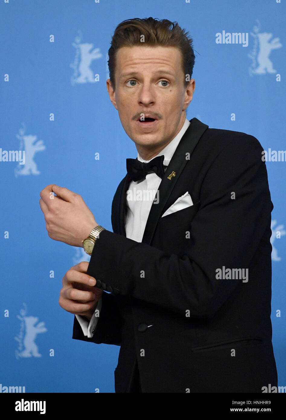 Berlin, Germany. 12th Feb, 2017. The actor Alexander Scheer arrives for the photo call of the film 'The Young Karl Marx' at the 67th International film festival in Berlin, Germany, 12 February 2017. The film will be aired in the section 'Berlinale Special'. Photo: Monika Skolimowska/dpa/Alamy Live News Stock Photo
