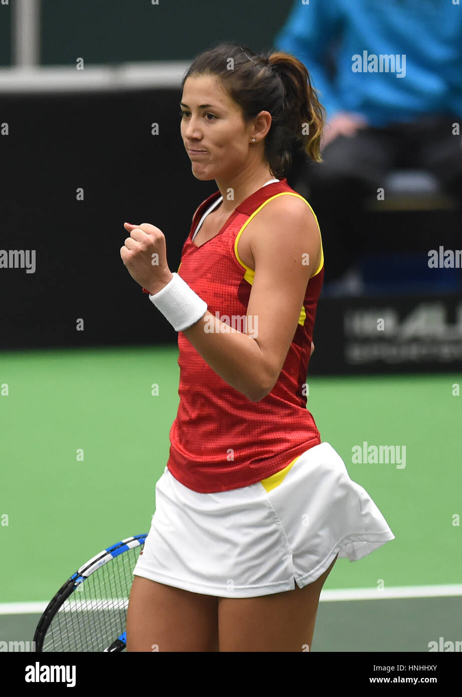 Tennis player Garbine Muguruza from Spain in action during the tennis match  of the Fed Cup 1st round between the Czech Republic (Barbora Strycova) and  Spain, in Ostrava, Czech Republic, on Saturday,